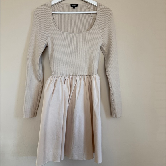 Express Long Sleeve Mini Dress Ribbed Square Neck Poplin Neutral Minimalist Med - Picture 2 of 8